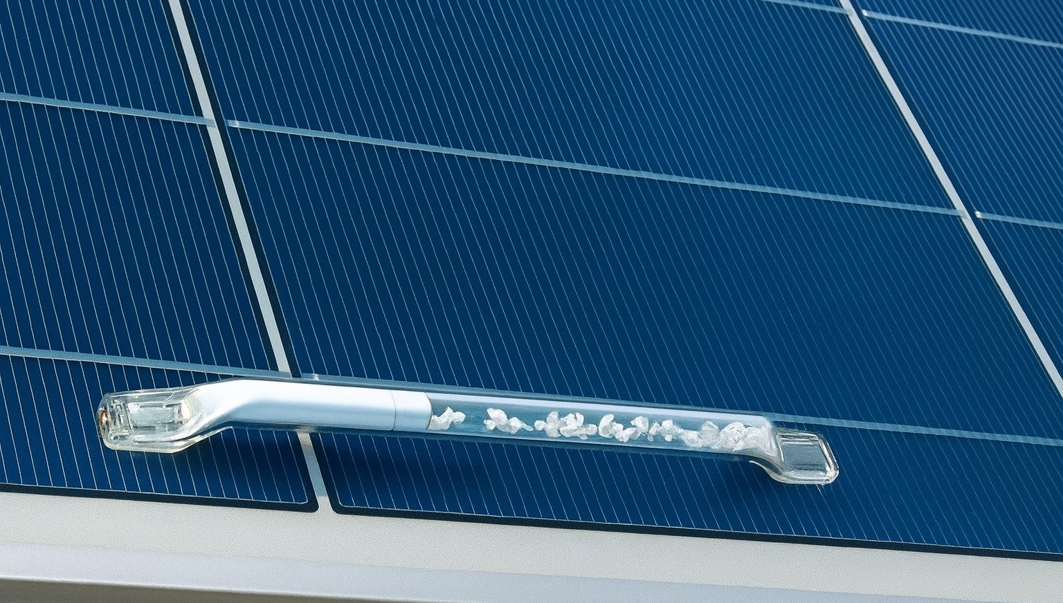 Ein etwa 15 Zentimeter langes Glasröhrchen liegt auf der Oberfläche eines Photovoltaik-Moduls
